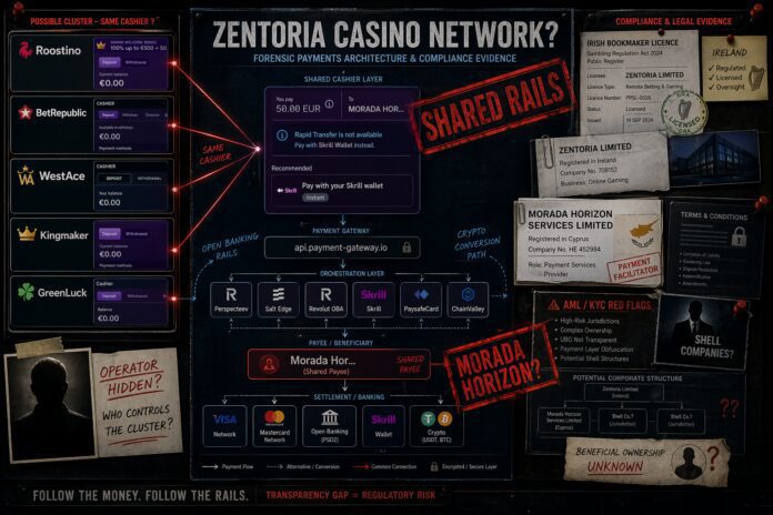 FinTelegram chart showing the Zentoria network with illegal casinos