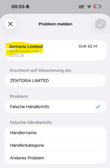 Player complaint about Zentoria Limited facilitated by Payabl