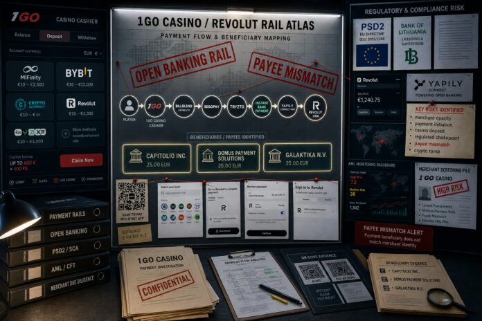 FinTelegram chart exposing Yapily with Capitolio and Domus Payment Solutions in the open banking rail of illegal casino 1Go