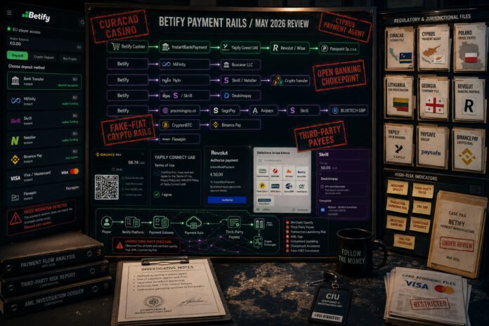 FinTelegram chart showing the payment rails for the illegal offshore casino Betify