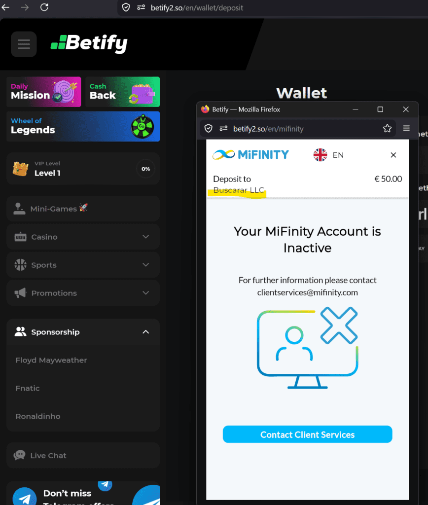Betify facilitated by Mifinity and Buscarar