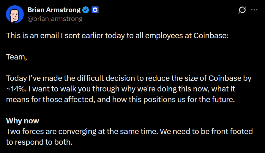 Coinbase CEO Brian Armstrong announcement on X on the layoffs