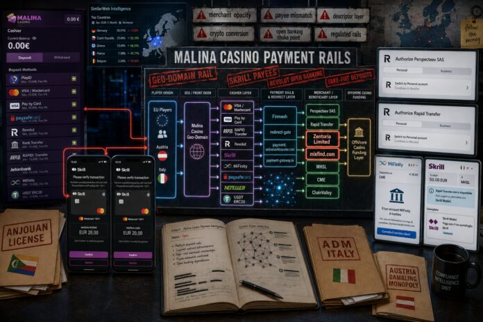 The mixfind.com payment support platform as payee for the illegal offshore casino Malina