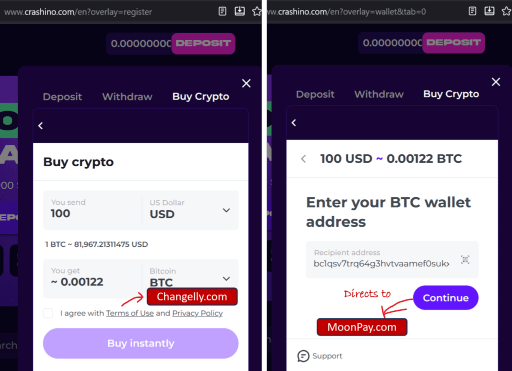 Crashino and its buy crypto payment rail with Changelly and MoonPay
