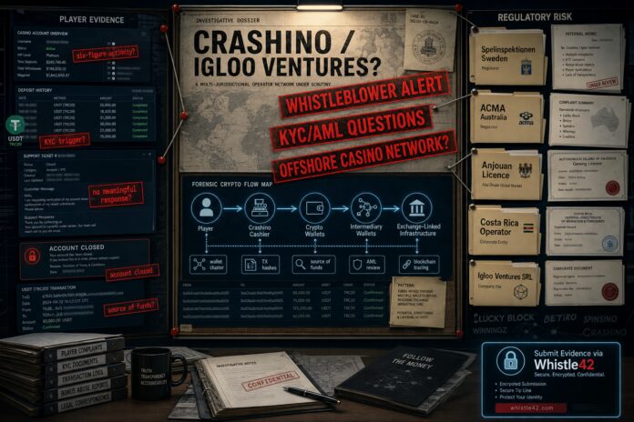 FinTelegram chart exposing offshore gaming scheme Igoo Ventures with Crashino