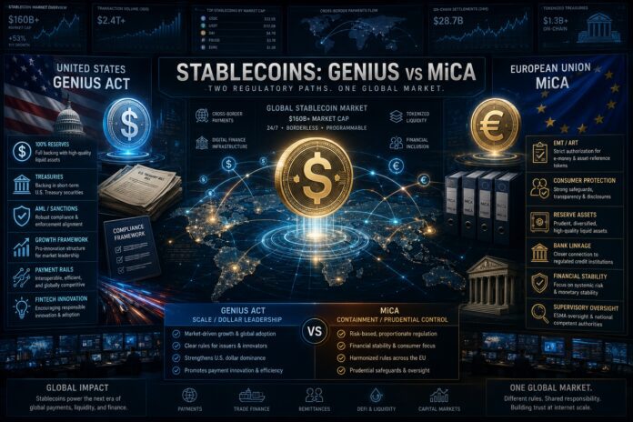 FinTelegram chart showing the differences between the stablecoin regulation in the US and the EU