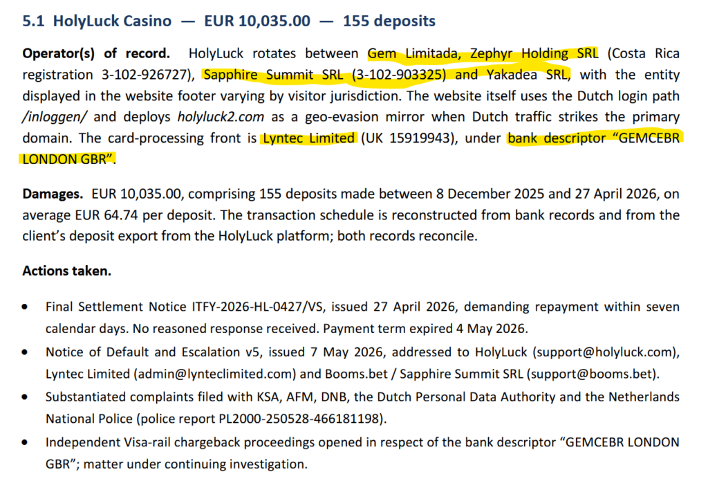 ITFY report on HolyLuck exposes the different operators and payment facilitators