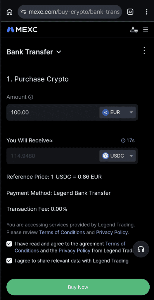 MEXC works with Legend Trading for its FIAT banking deposits