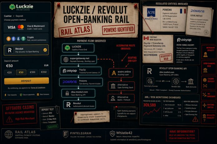 FinTelegram exposes Powens as part of a Revolut Payment Rail for illegal casinos