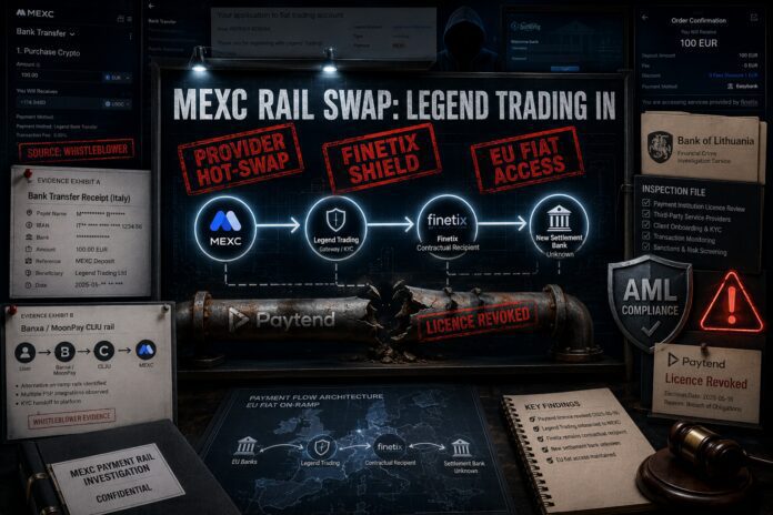 Forensic board showing MEXC rail swap to Legend Trading with Finetix still present.