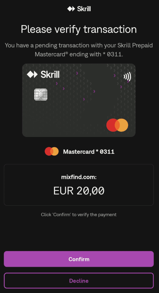 Screenshot showing mixfind.com as payee in the offshore casino Scheme Malina via Skrill