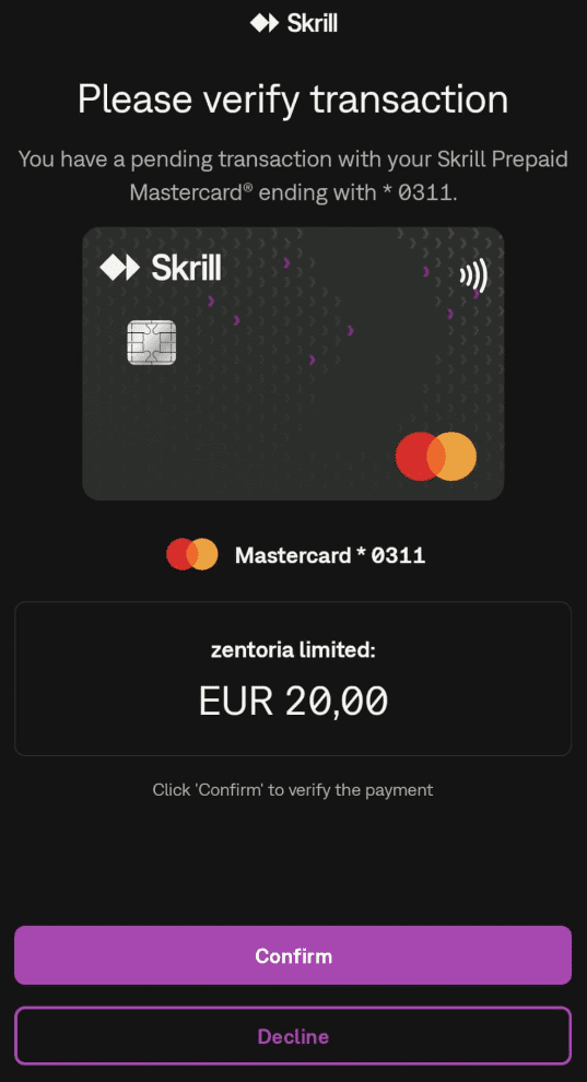 Screenshot showing Zentoria Limited as payee for the Malina offshore casino via Skrill