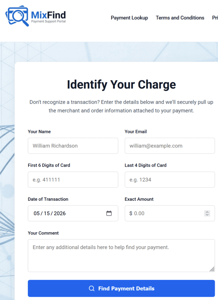 Screenshot of the payment support portal MixFind