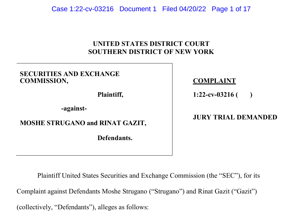 SEC complaint against Moshe Strugano and Rinat Gazit