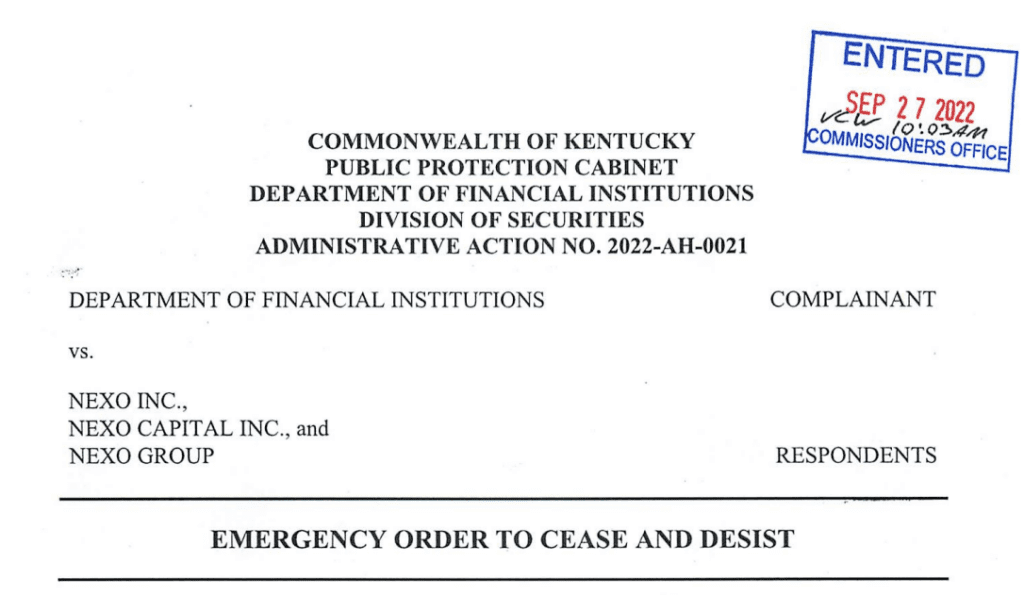 Kentucky issued a cease and desist order against NEXO
