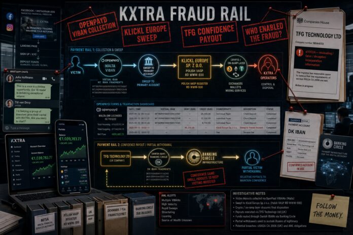 FinTelegram chart showing the payment rails around the KXTRA investment fraud