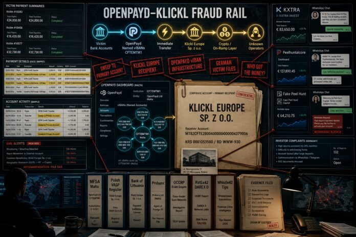 FinTelegram chard showing how OpenPayd and Klickl Europe facilitated investment scams
