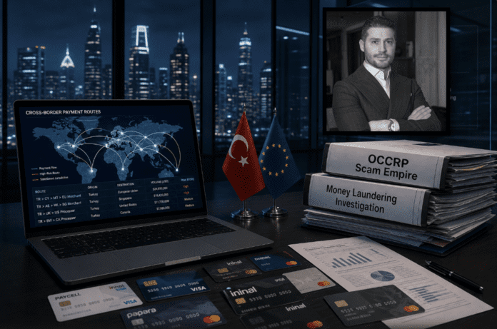 Investigative fintech compliance image of cross-border payment routes and documents highlighting OCCRP and Turkish money-laundering probes into Ozan Ozerk’s companies