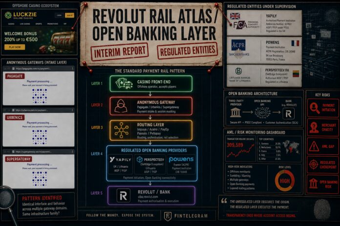 FinTelegram chart showing the regulated entities Yapily, Perspecteev and Powen in the Revolut open banking rails for illegal offshore casinos