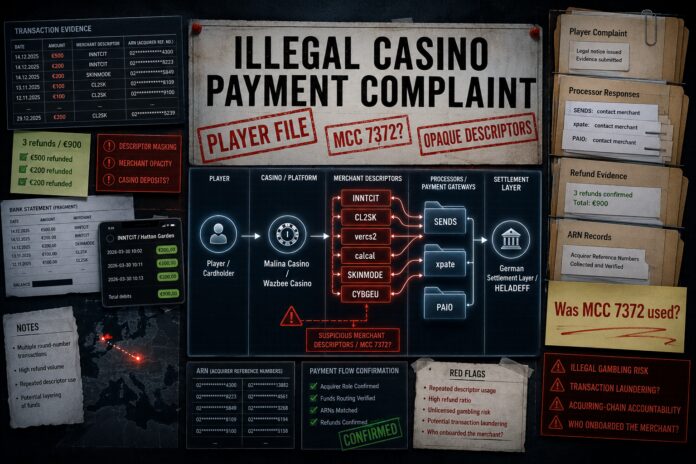Casino player with complaints against facilitating payment processors SENDS and XPATE