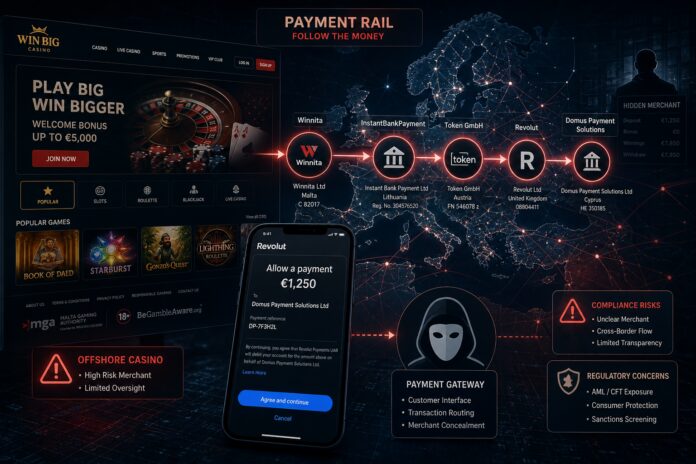 FinTelegram chart showing the payment rail of the offshore casino Winnita with Domus Payment Solutions and Token.io