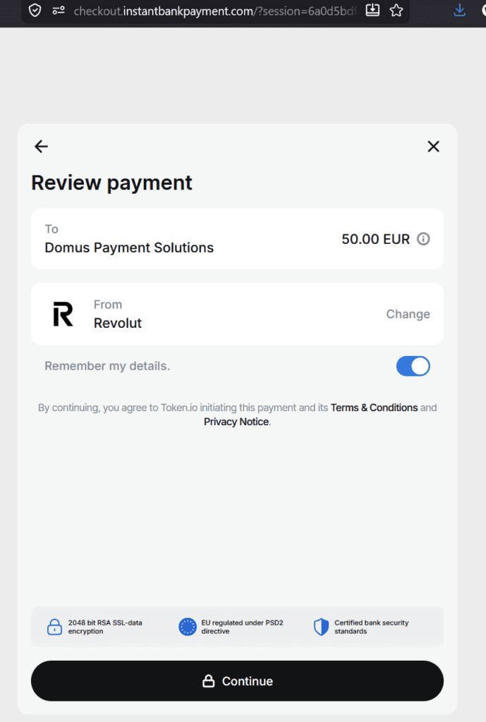 Domus Payment Solutions named as payee on the Revolut payment screen