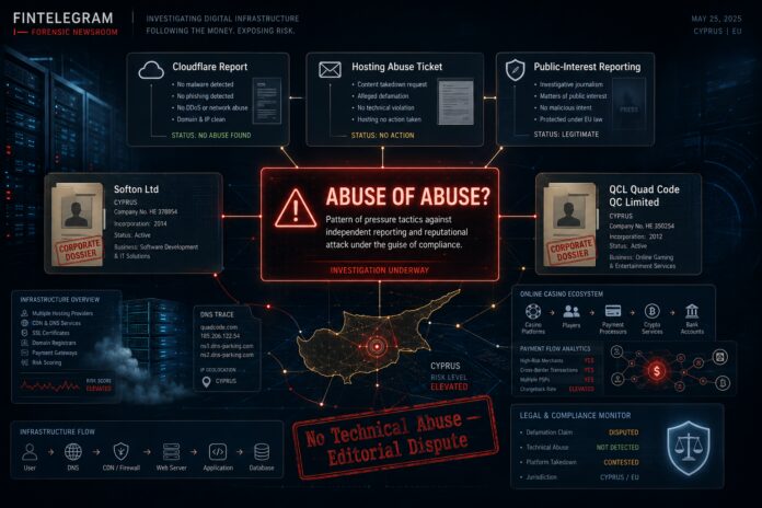 Forensic FinTelegram dashboard showing hosting-abuse complaints, Cloudflare reports, and public-interest reporting dossiers linked to Softon and QCL Quad Code in a casino/payment investigation context.