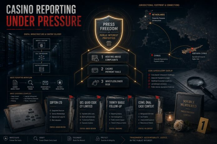 Forensic FinTelegram dashboard linking hosting-abuse complaints, casino payment rails, Trinity Bugle follow-up coverage and the Cemil Önal press-freedom context.