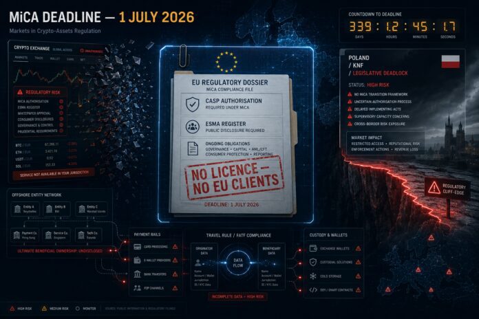 Forensic compliance dashboard showing the MiCA deadline, ESMA register, CASP authorisation documents, crypto exchange risk signals, payment rails and a Poland regulatory deadlock panel.