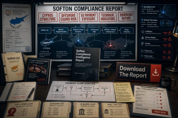 Forensic compliance illustration showing the Softon Compliance Report, Cyprus corporate structures, offshore casino risk, EU payment exposure, SPTPub infrastructure and player telemetry indicators.