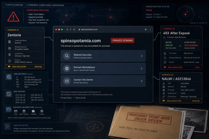 Forensic compliance dashboard showing Spinsopotamia.com as a parked domain connected to Zentoria, NALMI infrastructure and payment-descriptor risk markers.