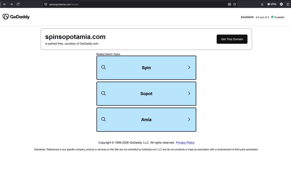 The Zentoria casino domain Spinsopotamia.com is parked and for sale on GoDaddy