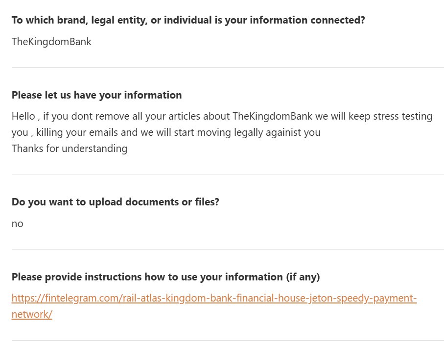 A whistleblower message with an intimidating message regarding the FinTelegram report on The Kingdom Bank