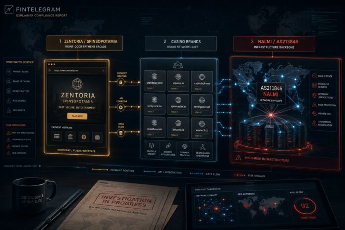 FinTelegram chart explaining the network of illegal casino activites around Zentoria and NALMI