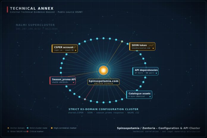 FinTelegram chart showing the Zentoria / NALMI technical cluster around offshore casinos