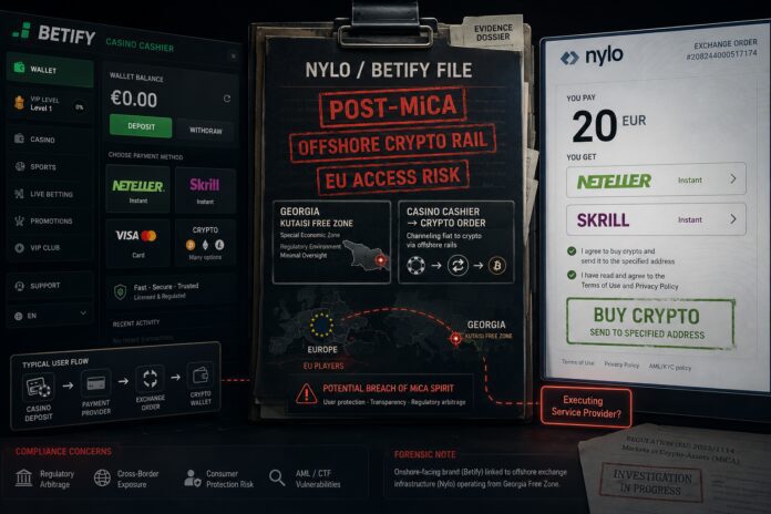 Forensic compliance visualization of Georgian payment gateway Nylo routing Betify casino deposits through Skrill and Neteller into post-MiCA crypto exchange orders.