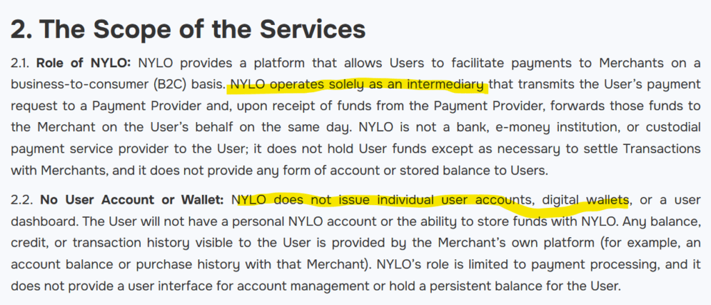 Nylo terms in the context of facilitating illegal casino payments