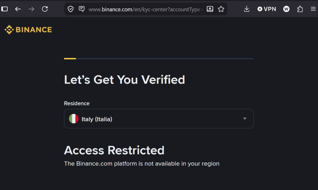 Binance restriction for Italian users