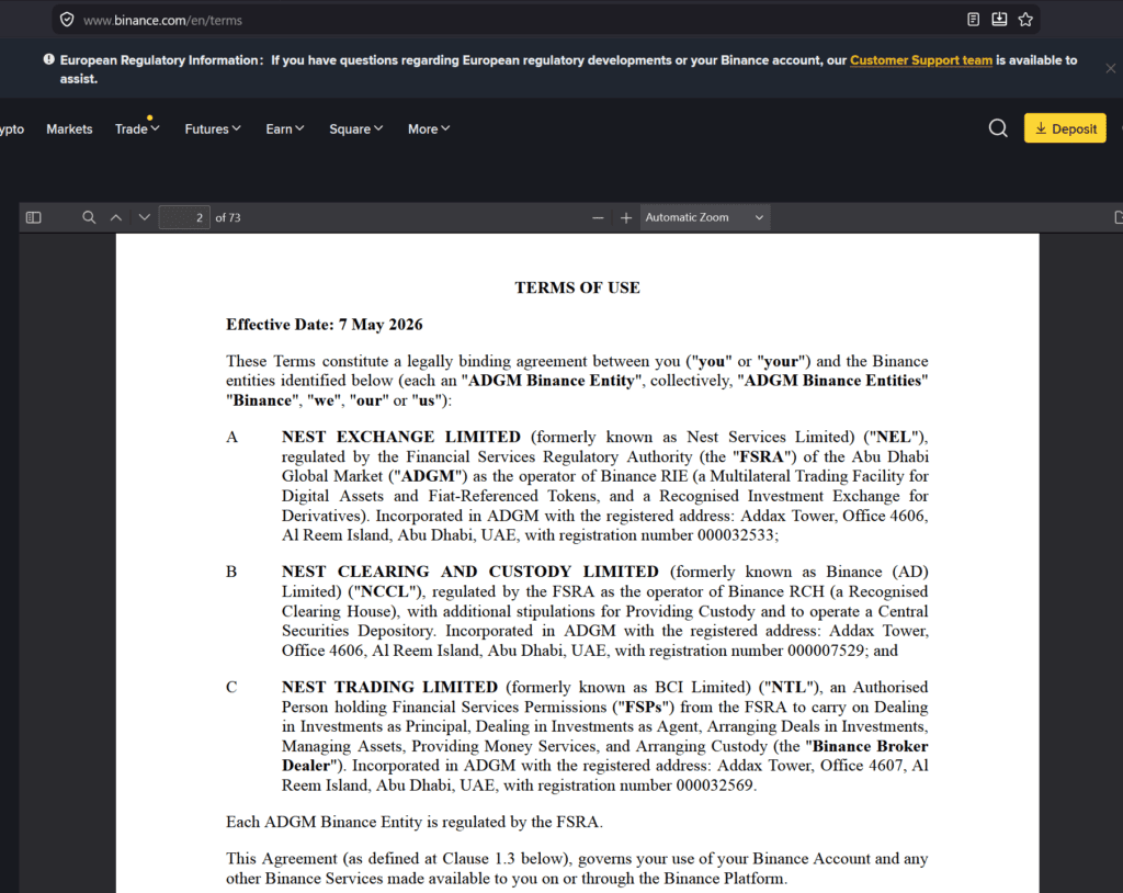 Binance Terms with Abu Dhabi entities