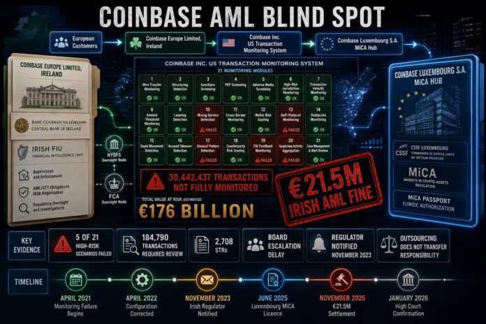 Coinbase AML monitoring dashboard showing €176 billion in insufficiently monitored transactions, a €21.5 million Irish fine and the migration to a Luxembourg MiCA entity.