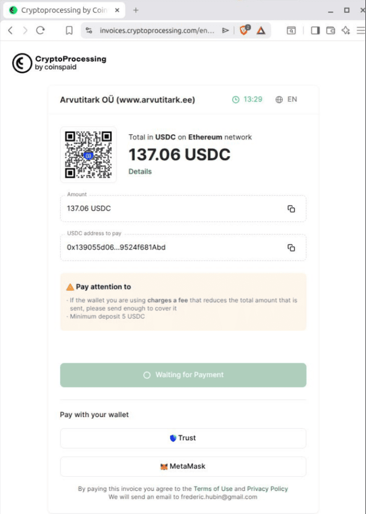 payment document showing CryptoProcessing by CoinsPaid as crypto payment processor for Arvutitark