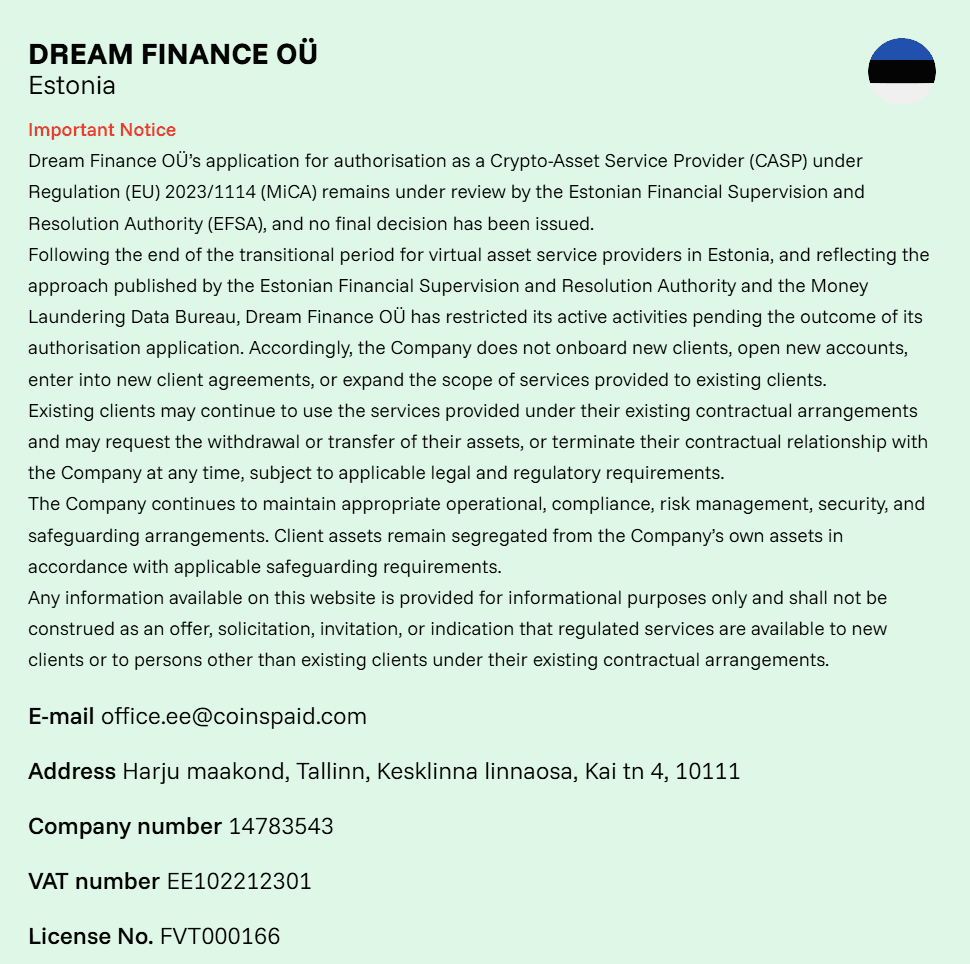 Estonian Dream Finance announcement on pending CASP authorisation