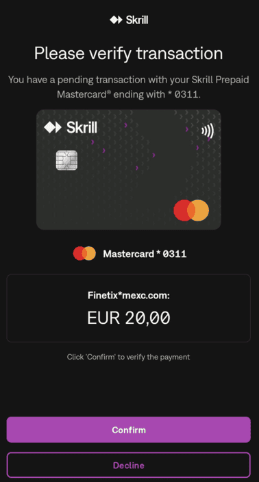 Skrill card payment to MEXC via Finetix