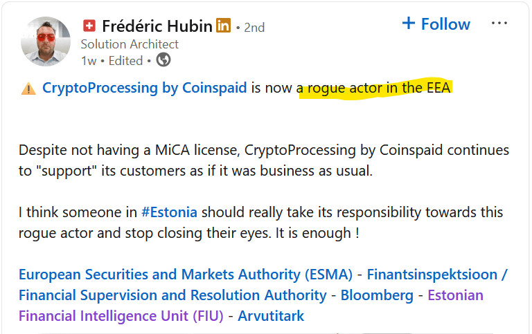 Frederic Hubin calls CryptoProcessing by CoinsPaid a rogue actor