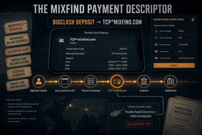 Forensic payment dashboard showing a BigClash casino deposit linked to the merchant descriptor TCP mixfind.com, with an unconfirmed Payabl connection.
