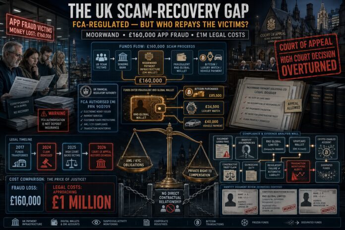 Forensic illustration of the Moorwand APP fraud case showing scam victims, an FCA-regulated electronic money institution and £160,000 flowing into a fraudulent account.