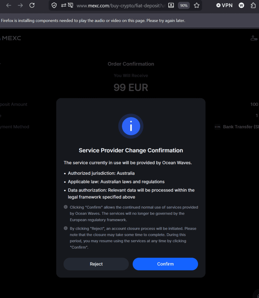 MEXC with a Service Provider Change Confirmation