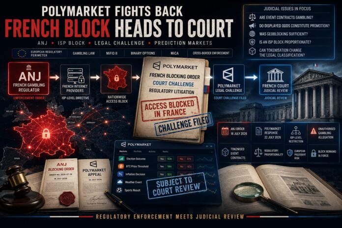 A premium FinTelegram forensic compliance illustration depicting Polymarket launching a legal challenge against France’s nationwide access block, with the ANJ, a French court and the European prediction-market regulatory perimeter represented in an investigative newsroom setting.