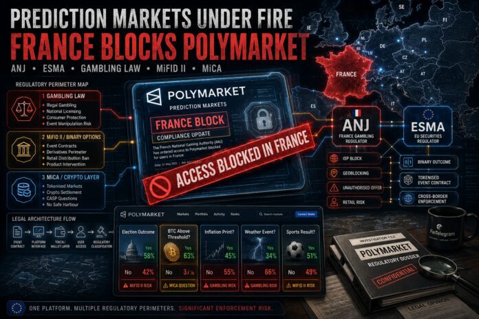 Featured image for a FinTelegram compliance update on France blocking Polymarket and the growing European regulatory crackdown on prediction markets under gambling law, MiFID II and MiCA.