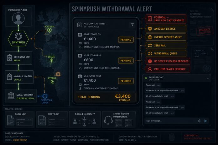 Forensic dashboard showing €3,400 in pending SpinyRush withdrawals connected to Comentive LTD, Norvelic Limited, Cyprus, Belize, Portugal, and SEPA payment rails.